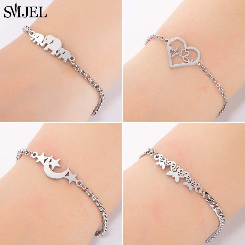 SMJEL Fashion Stainless Steel Family Elephant Bracelets Girl Boy Women Charm Adjustable Gold Bracelets Kids Gift
