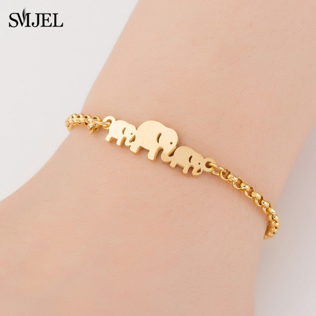 SMJEL Fashion Stainless Steel Family Elephant Bracelets Girl Boy Women Charm Adjustable Gold Bracelets Kids Gift