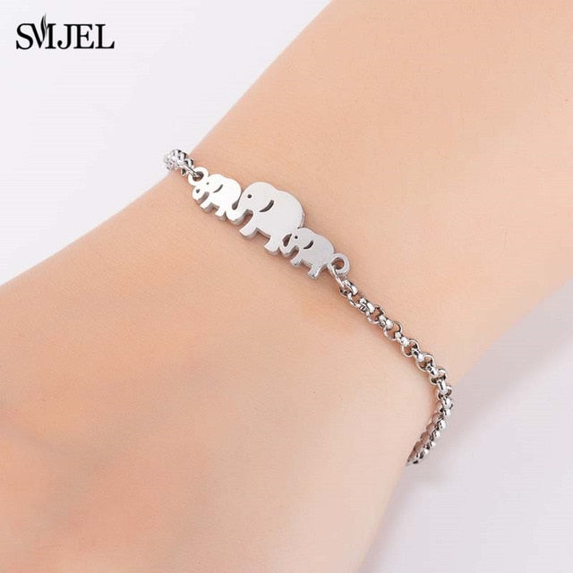 SMJEL Fashion Stainless Steel Family Elephant Bracelets Girl Boy Women Charm Adjustable Gold Bracelets Kids Gift