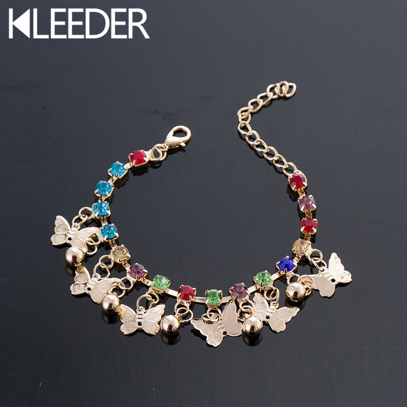 KLEEDERl  Butterfly Charm Bracelet For Girls Kids Hand Link Chain Colorful Crystal Women's Beach Bracelets Femme Wedding Gift