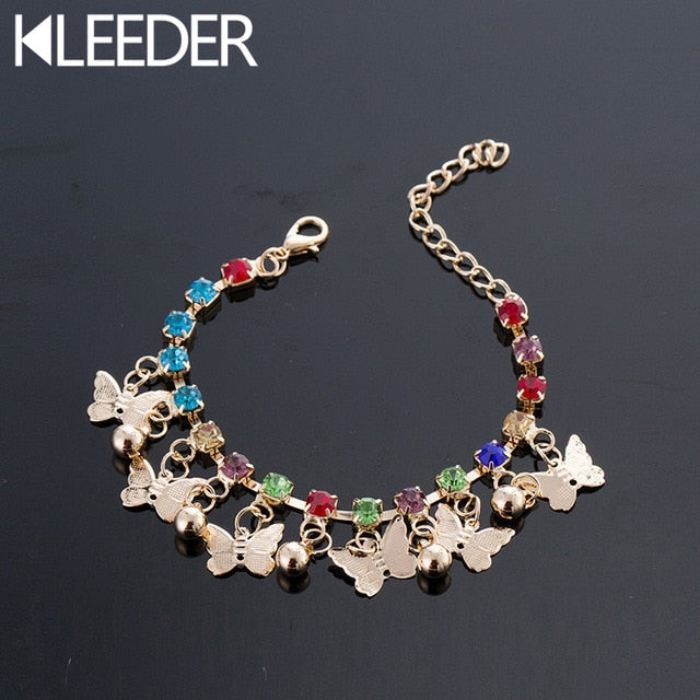 KLEEDERl  Butterfly Charm Bracelet For Girls Kids Hand Link Chain Colorful Crystal Women's Beach Bracelets Femme Wedding Gift