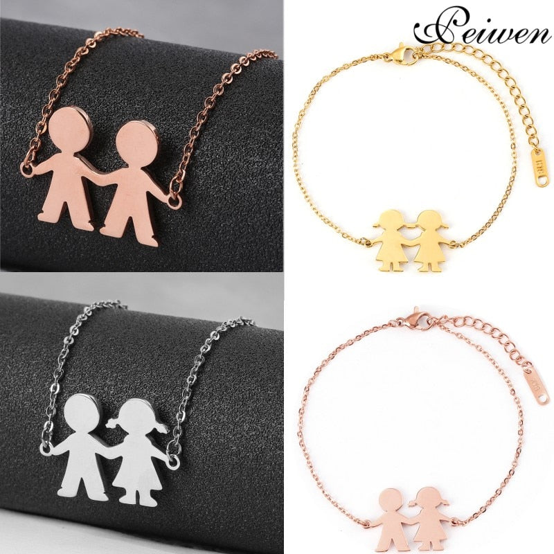 Fashion Family Bracelets Two Children Girl Boy Stainless Steel For Women Men Silver Gold Rose Charm Personalise Custom Bracelet