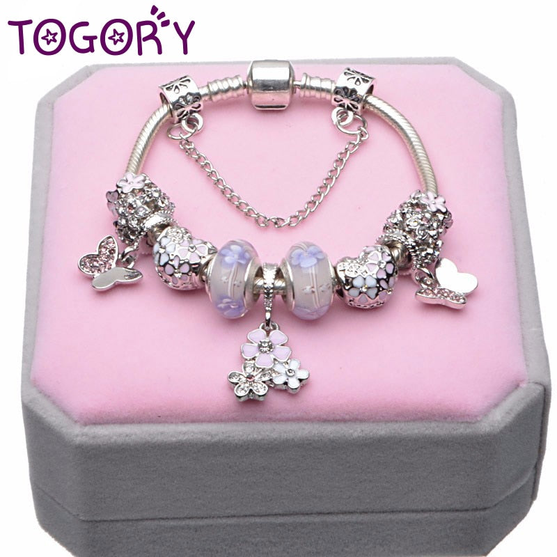 TOGORY Silver Color Snake Chain Charm Bracelet With Flower & Butterfly Pendant Fien Bracelet For Children Girls Jewelry Gift